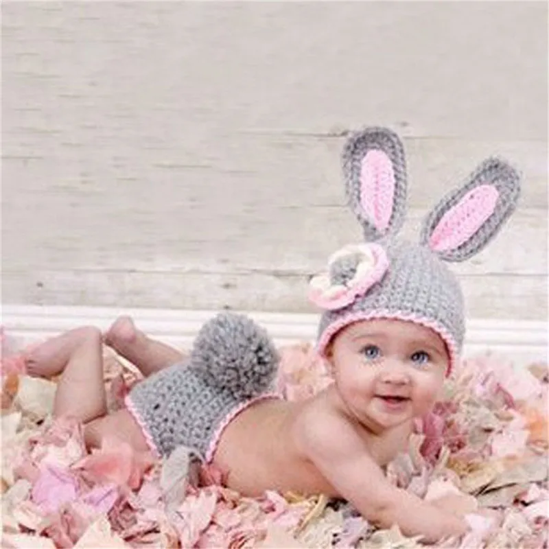 Baby Newborn Photography Props Costume Cartoon Big Ears Cute Rabbit Knit Hat Pant Set Baby Newborn Photo Shoot Accessories