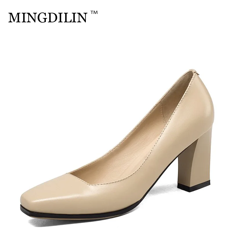 

MINGDILIN Square head Coarse Heel Fashion Genuine Leather Leisure Comfort Not Tired Party Professional Heels Daily Breathability