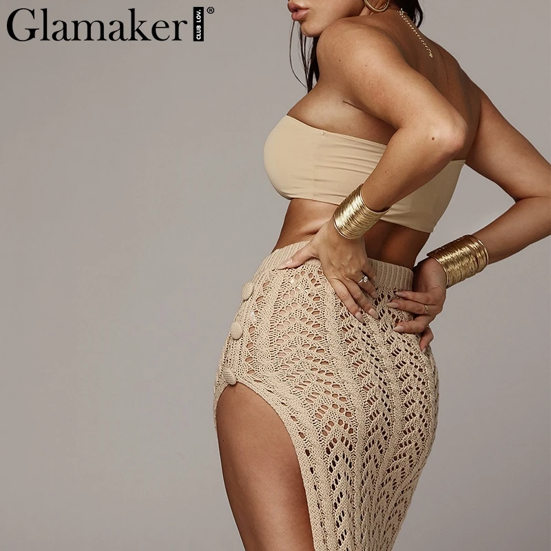 Glamaker عالية الجانبية سبليت فستان من الدانتيل يصل أسود تنورة المرأة مثير عالية الخصر bodycon الصيف كيرت الأزياء الأنيقة تنورة قيعان