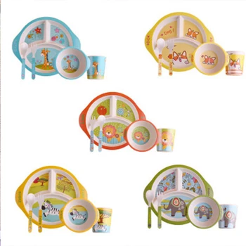 

Child Dishes 5Pcs/Set Baby Bamboo Fiber Tableware Sets Kids Cartoon Multifunction Feeding Bowls Plates Fork Spoon Cup Dinnerware