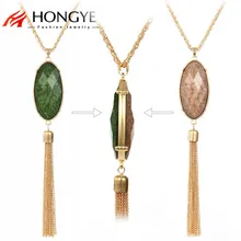 HONGYE Alloy Tassel Necklace Gold Silver Long Pendant for Women 2017 Double Side Oval Stone Resin