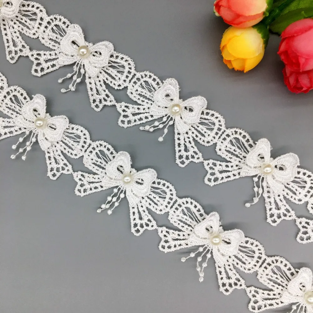 

1 Yard Butterfly Knot Lace Pearl Bow Applique Beaded Trim Ribbon Edge Lacing for Hat Decorative Wedding Dress Sewing Crafts