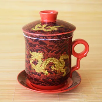 

Free shipping golden dragon ceramic teaset, boss mugs, four pcs set Chinese traditional mug office meeting personal tea ware