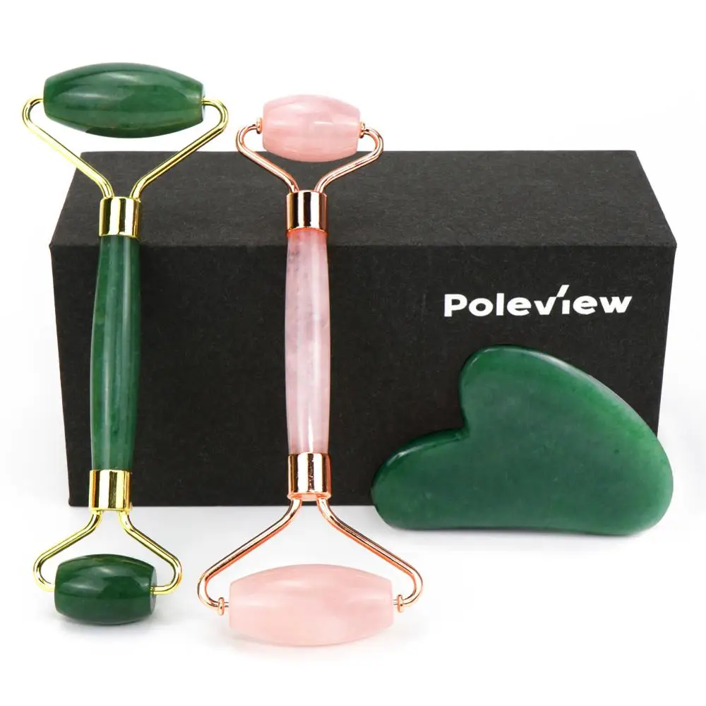 

Rose Quartz Jade Roller for Face 2 in 1 Gua Sha Set, 100% Real Quartz Anti Aging Face Eye Neck Stone Massage Roller