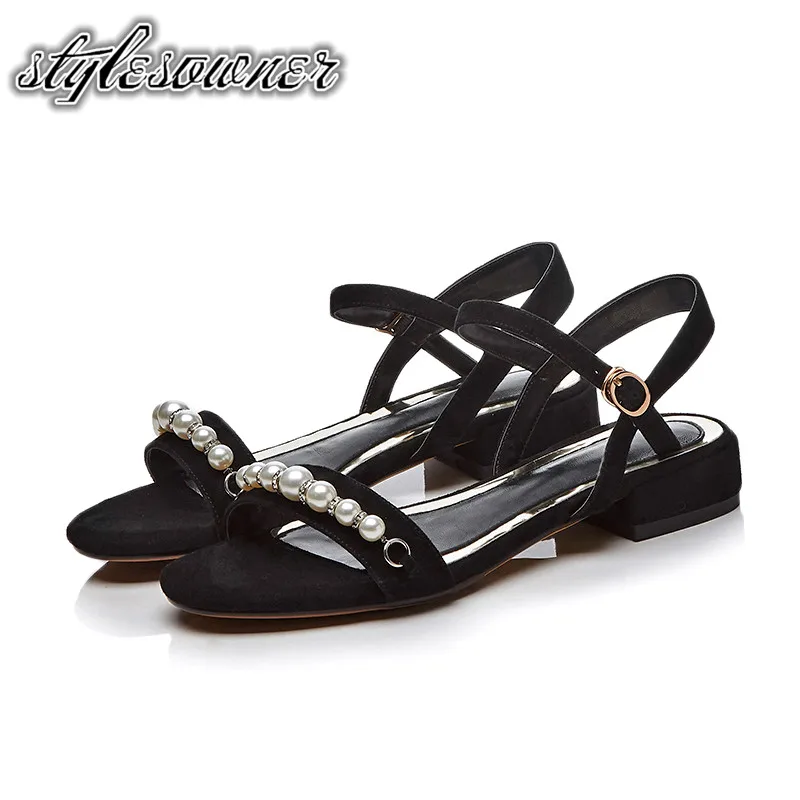 

Stylesowner 2018 Summer Casual Sandals with Pearl Black Color Kid Suede Low Heels Fashion Buckle Strap Party Shoes Sandals Woman