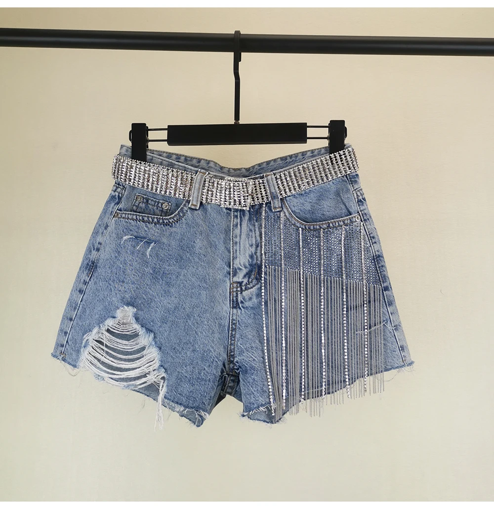 Женские джинсовые шорты с кисточками, стразами и дырками,, летние новые модные широкие джинсовые шорты с высокой талией