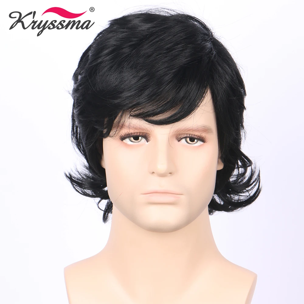 

Short Mens Wig Off Black Natural Black Synthetic Hair Wigs with Bangs for Men Glueless Heat Resistant Fiber Left Part European