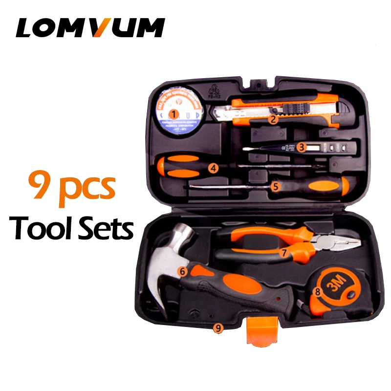 LOMVUM 9Pcs Tools Hand Tools Household Multifunction Hardware Tool Disassembling Repair Kit Box PortableHand Tool Sets high quality butterfly brake linings adjusting pump group of disassembling replacement tool repair special tools free shipping