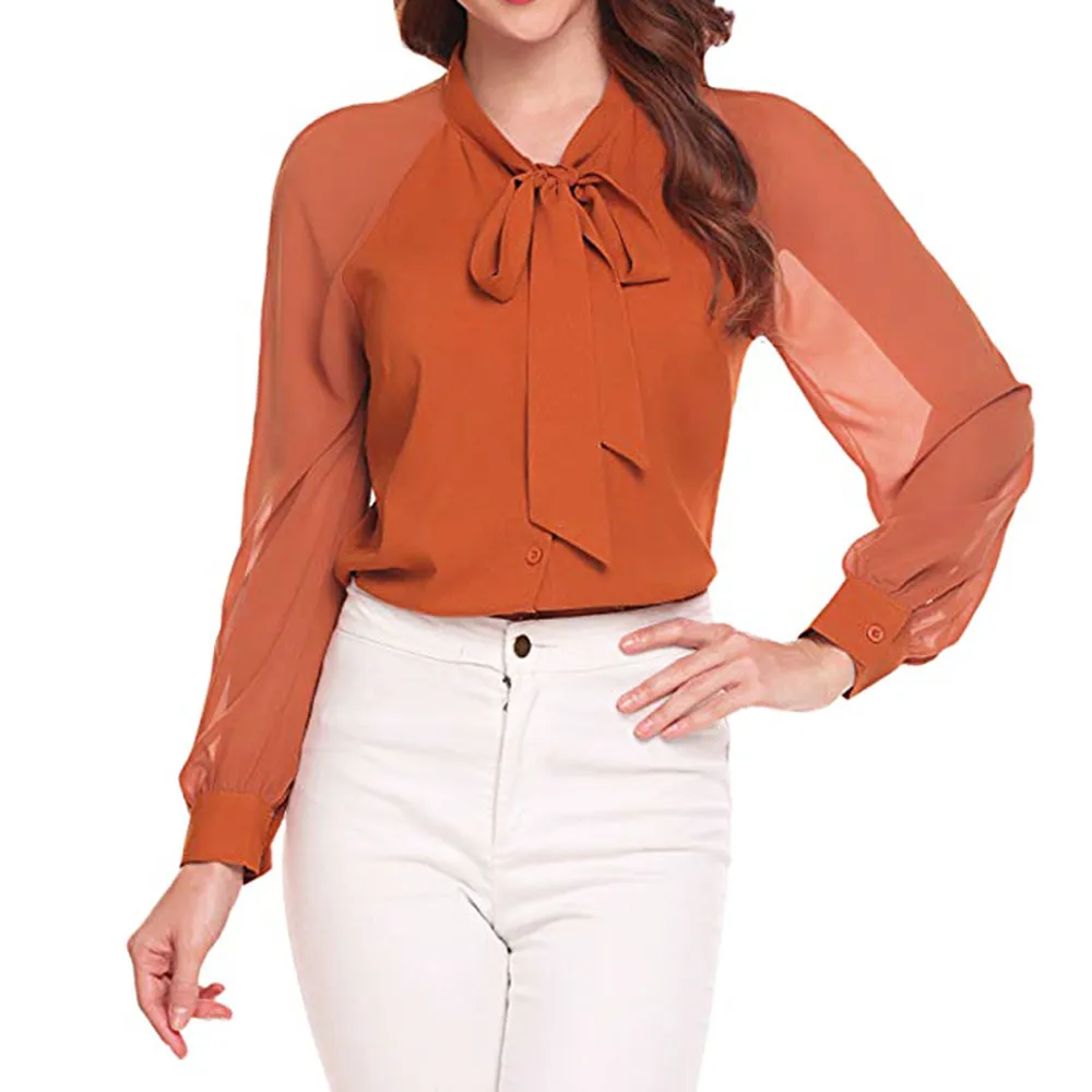 Women Work Blouses OL Style Bow Tie Long Sleeve Ladies Button Chiffon
