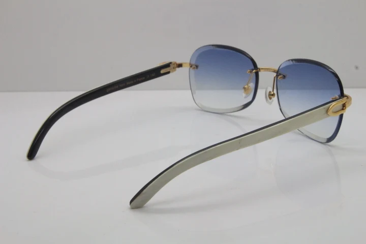 2018 New Cartier Rimless  T8200847 White Mix Black Buffalo Horn Sunglasses in Gold Blue Lens (8)