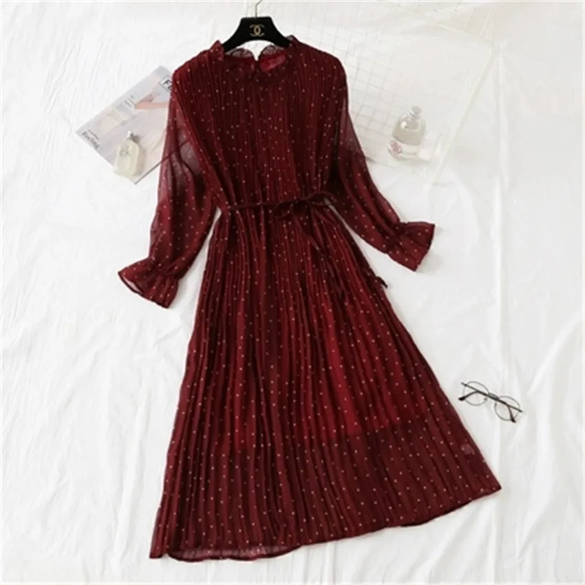 

Gowyimmes 2019 fashion vintage spring autumn elegant women Dot Chiffon dress lady party dress vestidos Female Bottomings PD269