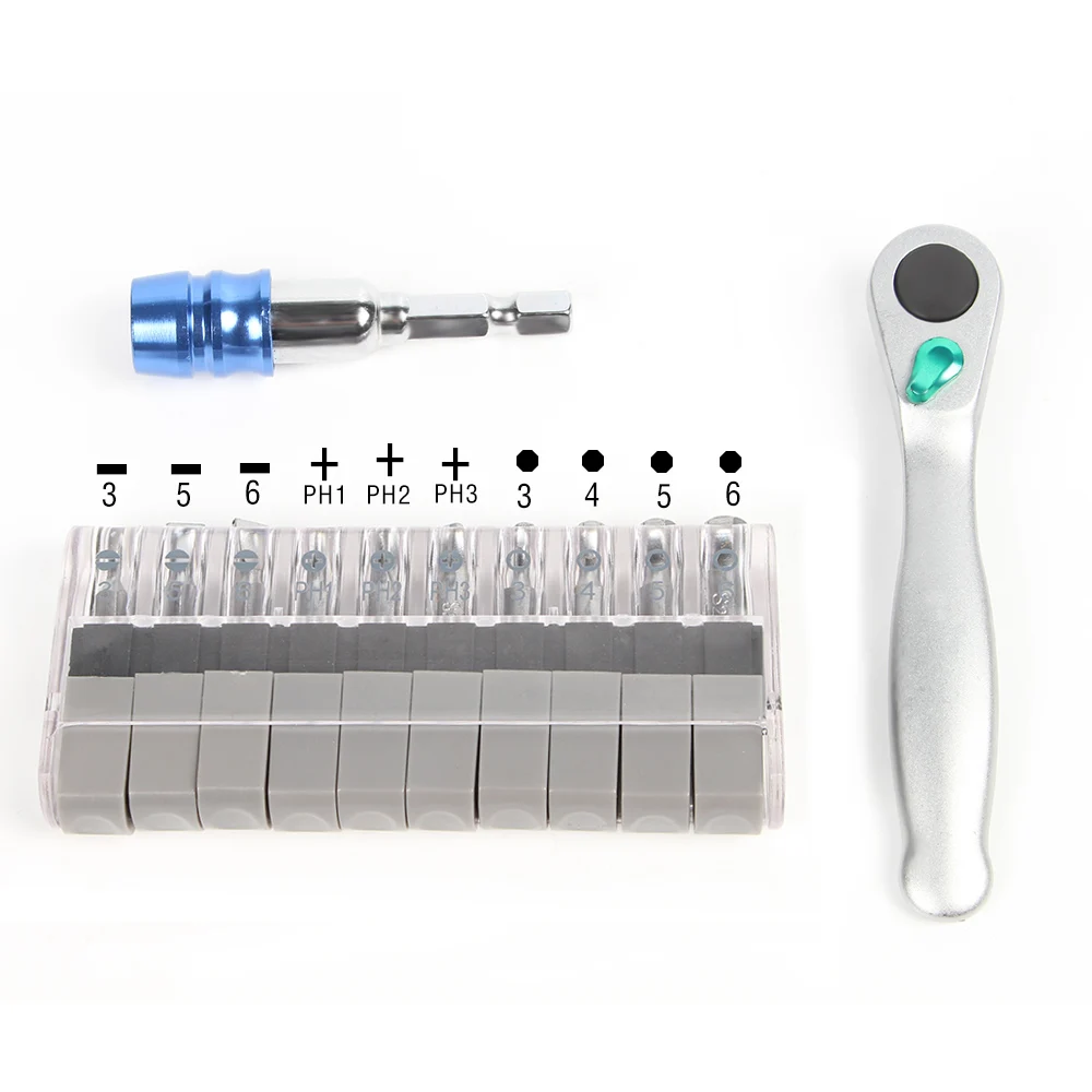 

1set 14 in 1 Socket Spanner Screwdriver Bits Set Ratchet Wrench Magnetic Holder Sleeve Connecting Rod