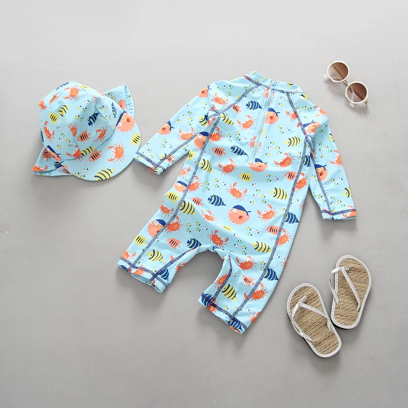 Одежда для купания для маленьких мальчиков и девочек; детский купальный костюм; цельный купальник на молнии с милым рисунком и длинными рукавами для защиты от солнца; купальный костюм для малышей