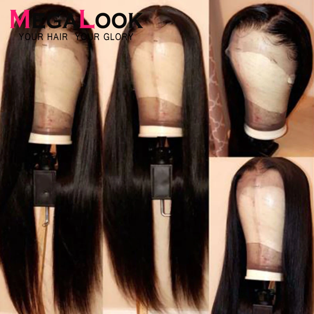 Pelucas de pelo humano Frontal de encaje recto predesplumadas con pelo de bebé pelucas frontales de encaje Megalook sin pegamento de 180% densidad Pelucas de pelo humano Frontal de encaje recto predesplumadas con pelo de bebé pelucas frontales de encaje Megalook sin pegamento de 180% densidad