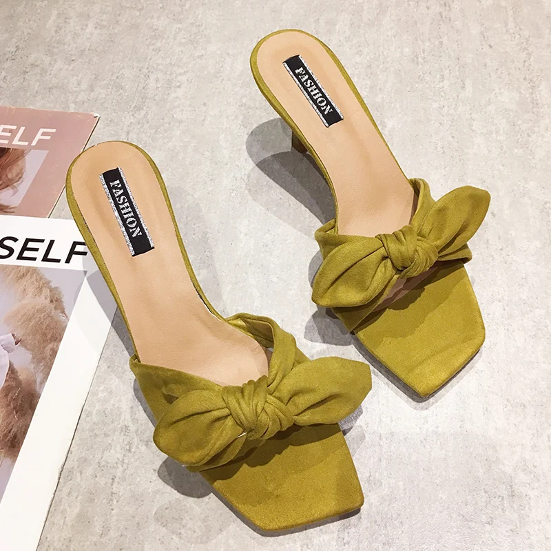 

Fashion Bow-knot Sandals Women High Heels Slippers Ladies Summer Women Sandals 2019 New Soft Slip On Slippers Yellow Sandals