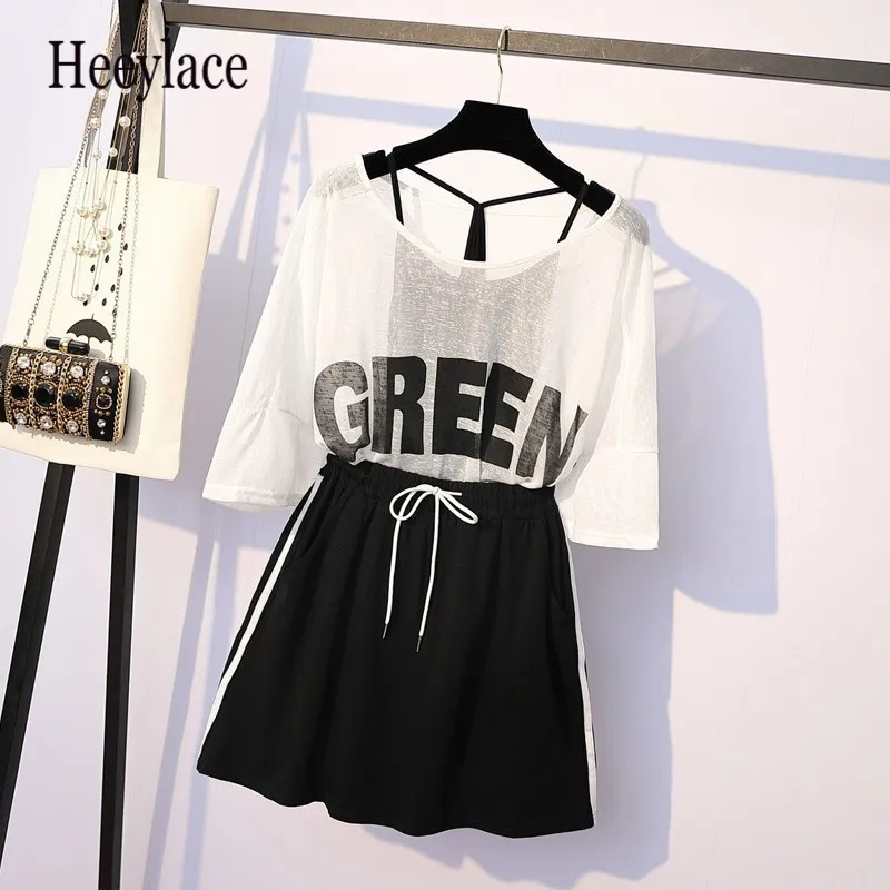 

Summer 2019 New Plus 3 Piece Set For Women Casual Letter Tops +Black vest+ High Waist Wide Leg Pants Suit Set Large Size L-5XL