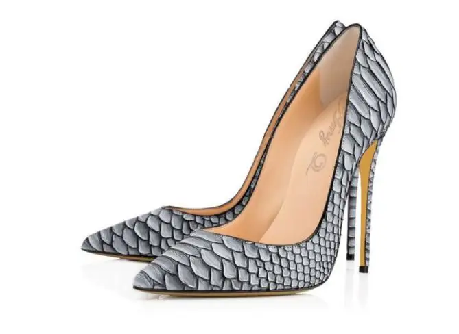 

European and American women's sexy white snake pattern wedding shoes gray pointed super high heels foreign trade shoes.