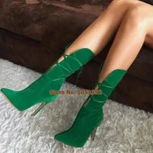 Женские Элегантные замшевые сапоги до середины икры зеленого цвета модельные туфли на шпильке на шнуровке полуботинки больших размеров туфли-лодочки с острым носком