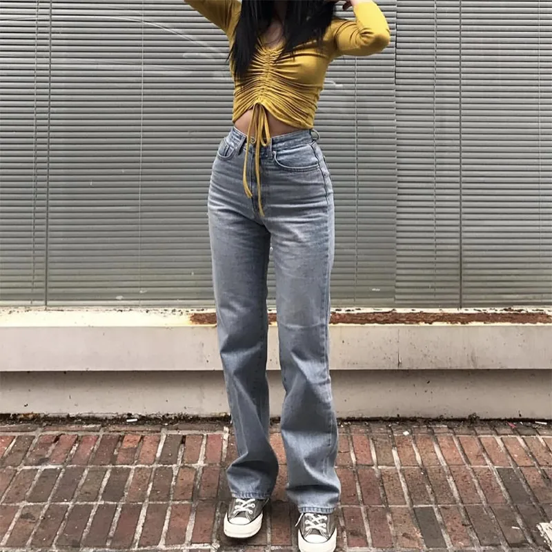 Women Vintage High Waist Straight Leg 