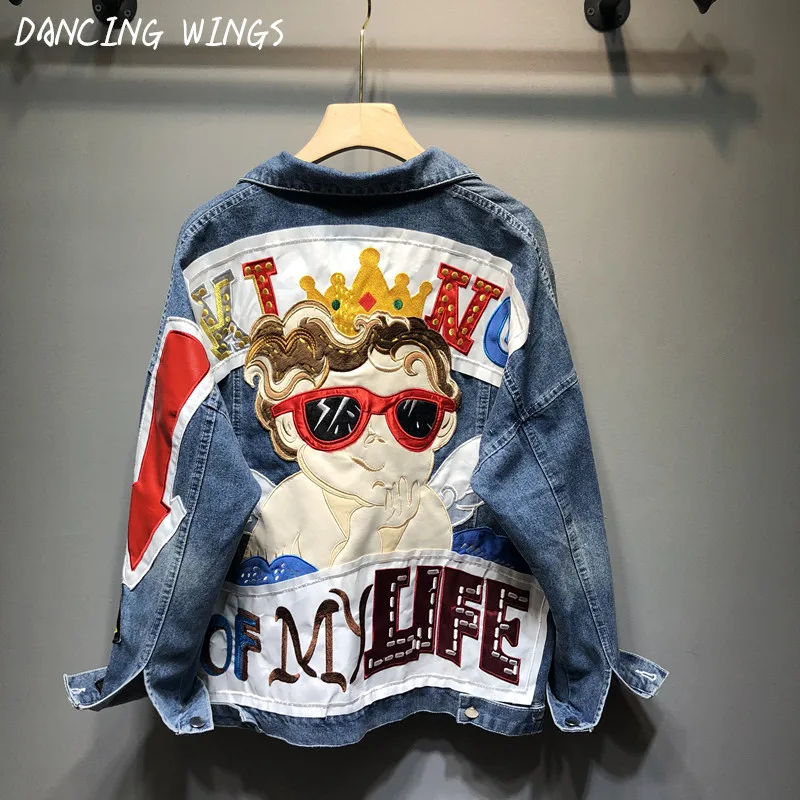 

Jeans Jacket Women 2019 Spring Autumn Cartoon Angel Patch Print Hole Denim Loose Coat Female