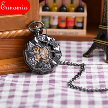 Colgante de flor de sol Vintage Steampunk Retro clásico gótico barroco hueco negro mujeres hombres mecánico reloj de bolsillo cadena colgante