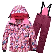 2019 High Quality Kids Girls Ski Suit One-piece Winter Snowsuit Outdoor Ski Jacket Pants Ski Snowboard Suits Detachable Hood