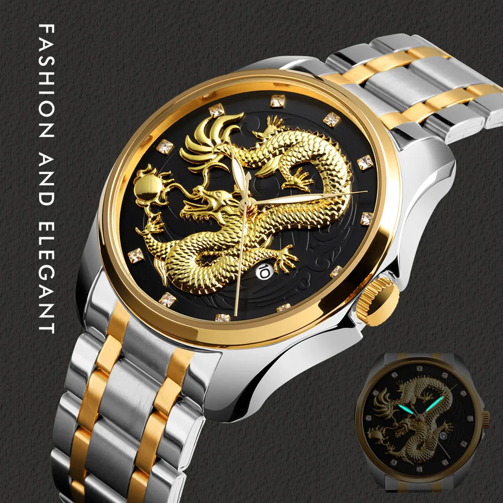 

Luxury Men Clock Bracelet Watches Golden Dragon Diamond Calendar Waterproof 2019 Men's Steel Belt Quartz Watch horloges mannen