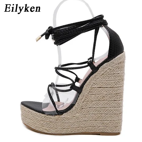 Eilyken Fashion Women Summer Open Toe Shoes Ankle Strap Women Platform Sandals Wedges High heels 15CM Sandals Shoes - Цвет: Black