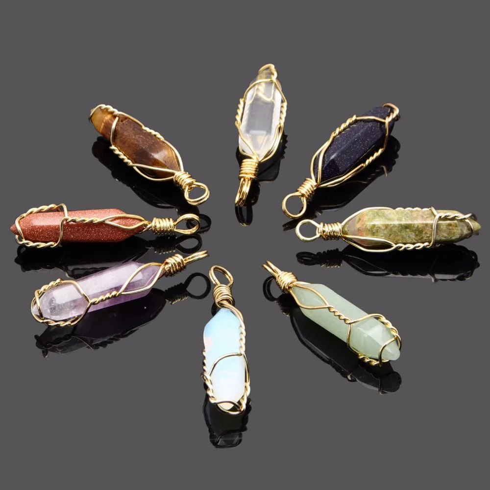 

1pc Gold Color Handmade Wired Wrapped Natural Quartz Stone Pendants Amethysts Turquoises Lapis Lazuli Opal Stone Pendants Women