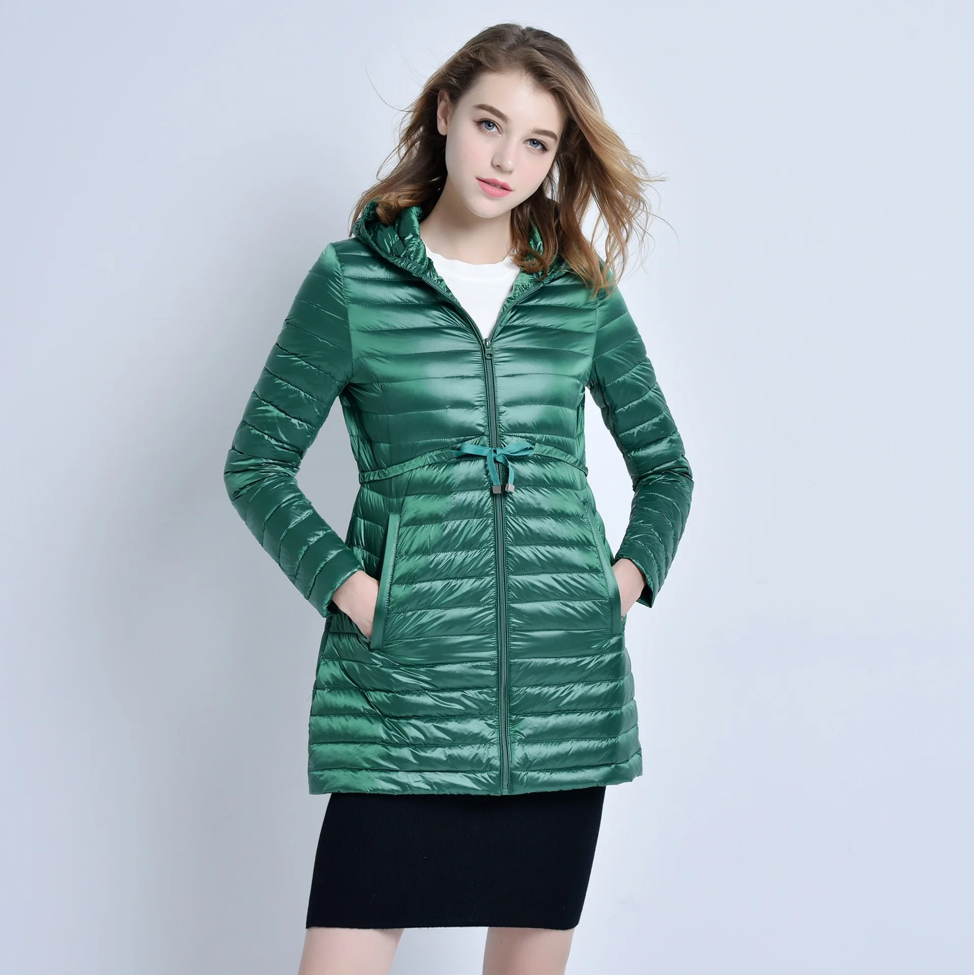 Civichic Горячая Мода S-XXXL женщина легкая зимняя куртка-пуховик Тонкий с капюшоном поясом пальто леди средней длины тонкие теплые Гага Подпушка уличная одежда dc547 - Цвет: Green