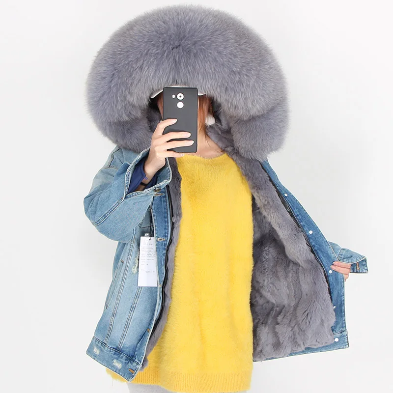 Зимняя куртка для женщин натуральный мех пальто парка енота воротник кролика рекс лайнер бомбер джинсовая Уличная мода