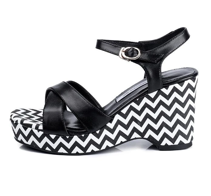 black and white striped wedge sandals