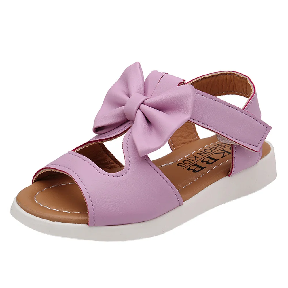 Летние сандалии для девочек; однотонные сандалии с бантом для маленьких девочек; милые и удобные детские сандалии; нескользящие детские сандалии - Цвет: Purple
