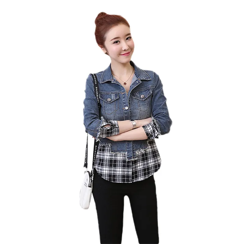 

Spring Fall Denim Jacket Female 2019 New Stitching Fake Two-Piece Denim Long-Sleeved Tops Single Breasted Short Slim Coat JIA107