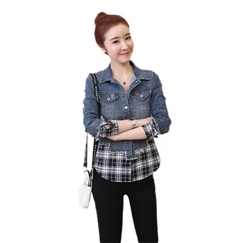 

Spring Fall Denim Jacket Female 2019 New Stitching Fake Two-Piece Denim Long-Sleeved Tops Single Breasted Short Slim Coat JIA107