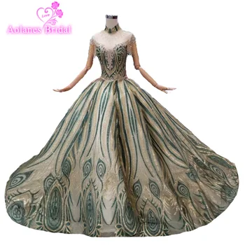 

Real Pictures Sleeveless Emerald Green Lace Gold Prom Dress Glitters Prom Gown 2019 New Design Fashion Evening Party Gown Arabic