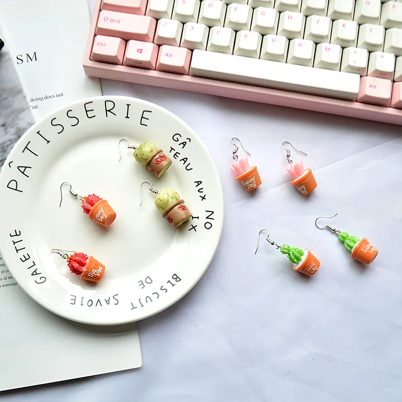 

2019 Korean Harajuku fashion personality flower pot simulation cactus plant resin acrylic long dangle earrings for women jewelry