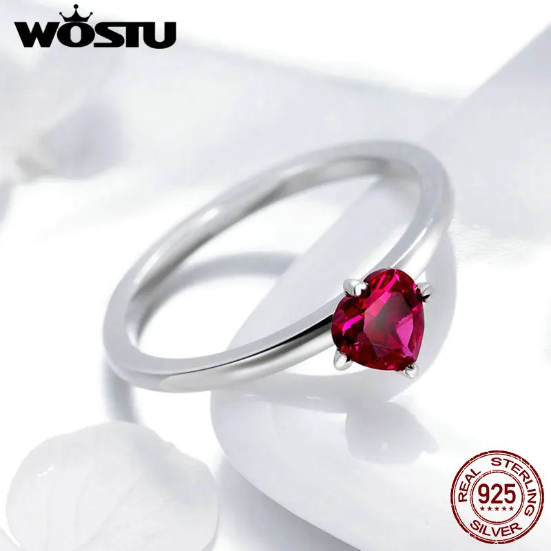 Женское кольцо WOSTU из серебра 925 пробы с красным сердечком и фианитом|Кольца| |