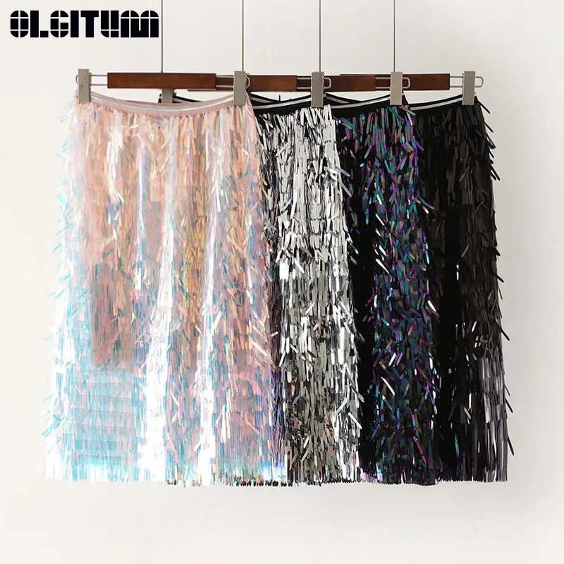 

New 2019 Spring Women Fashion Elastic High Waist Was Thin A-Line Skirt Female Long Section Sequined Tassel Skirt SK338