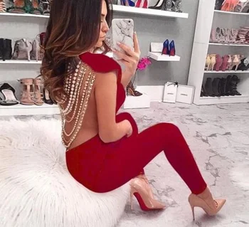 

Halinfer 2018 New summer women jumpsuits Beading Backless sexy bodycon O-neck jumpsuits elegant celebrity party jumpsuit