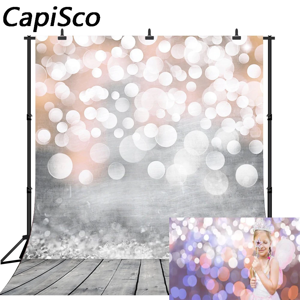 

Capisco Photography Backdrops Sparkling Shining Dots Bokeh Wood Floor Baby Shower Birthday party Background Photo Studio