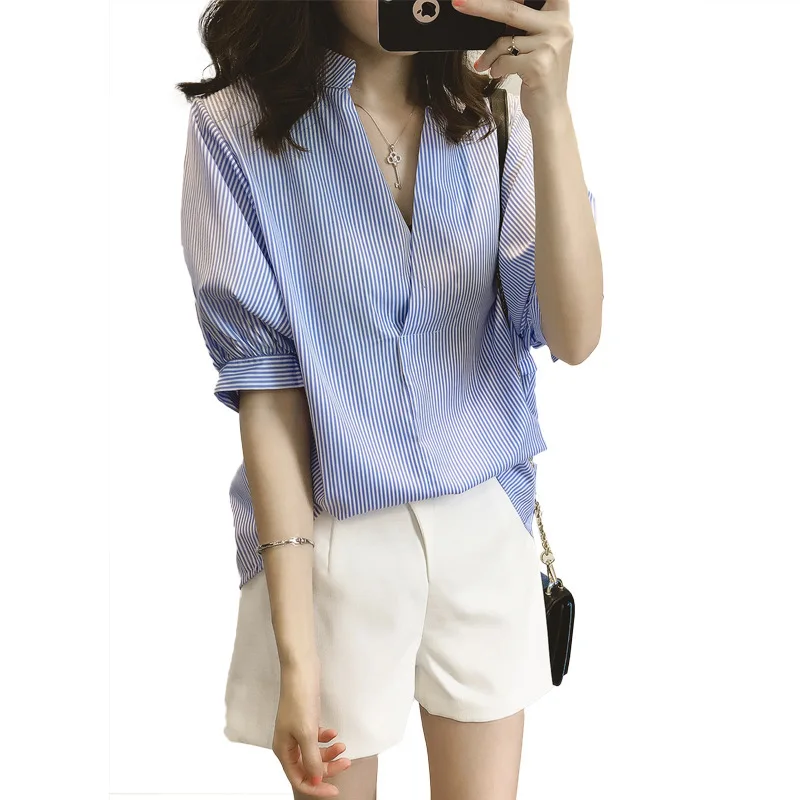 

Women's Office Lady Blue Striped Shirt Top Back Buttons Short Sleeve Female Blouse 2019 Summer Shirts Tops Plus Size AAA030S50