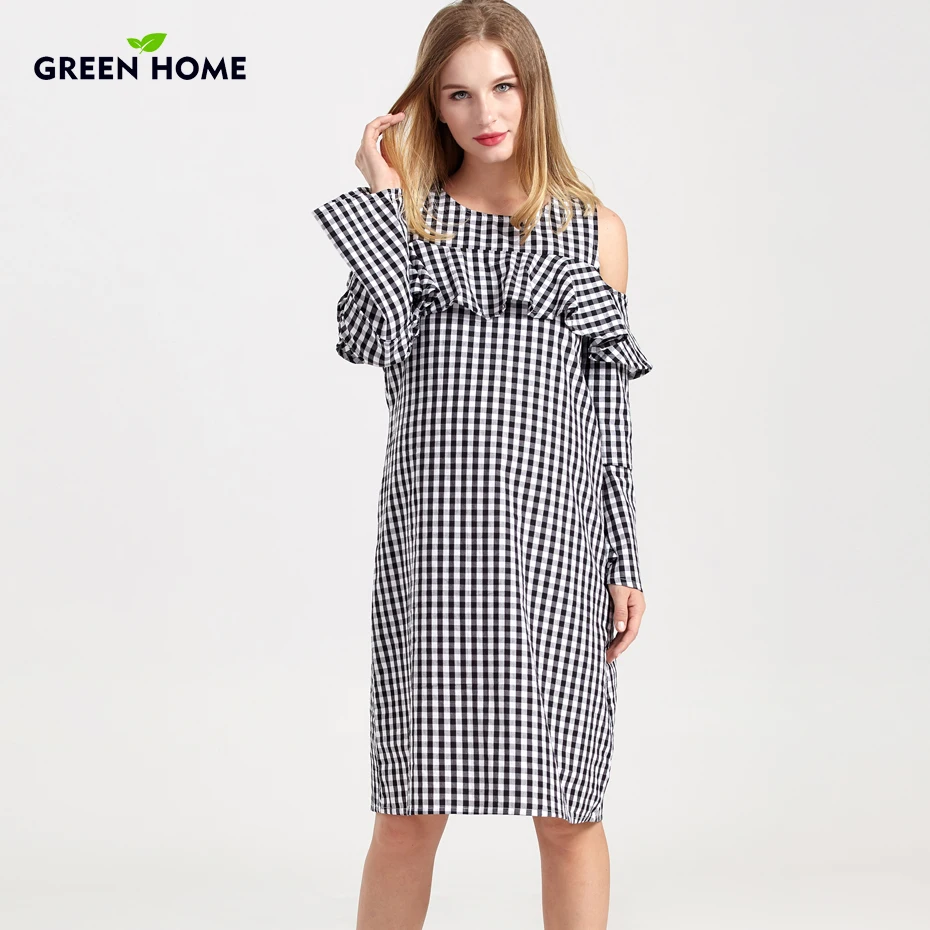 

Green Home Ruffles Plaid Maternity Dress Off Shoulder Nursing Dress for Party Autumn and Spring Breastfeeding Dresses Pregnancy