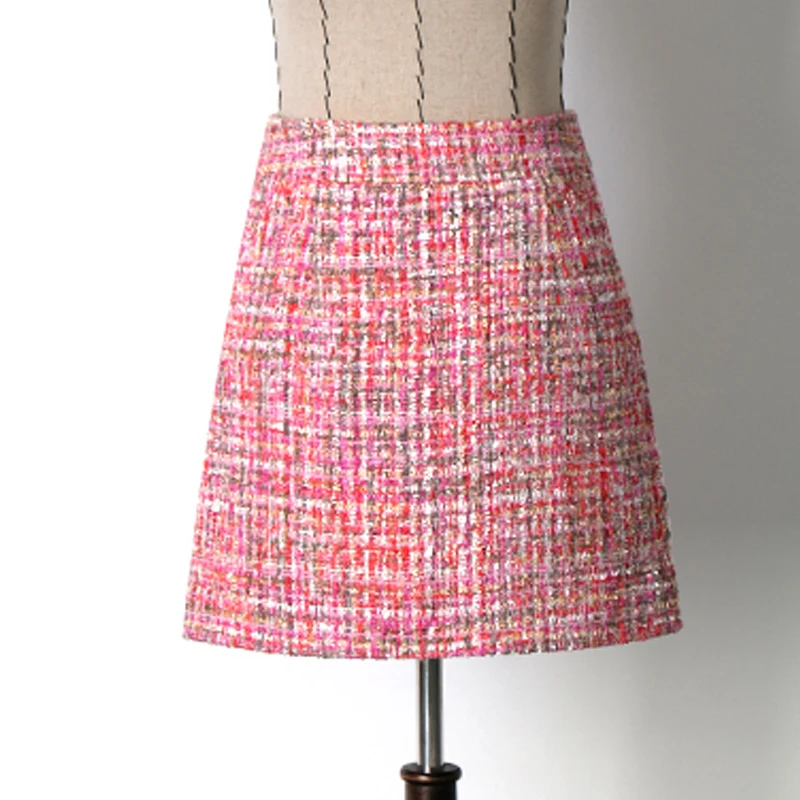 Розовая твидовая юбка из ткани с пайетками осенняя/зимняя женская юбка новая твидовая юбка с кисточками и высокой талией - Цвет: Розовый