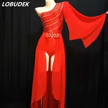 Блестящие стразы боди Красный Длинный плащ для ночного клуба Для женщин певица одежда для представлений бар хост модель дефиле сценический костюм