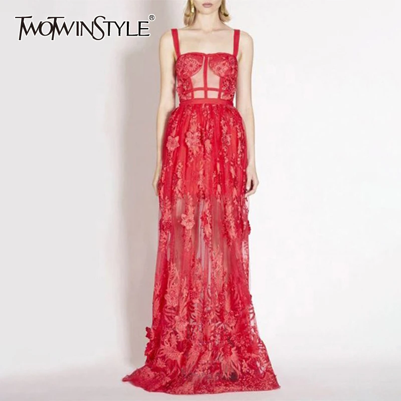 

TWOTWINSTYLE Sexy Embroidery Patchwork Dress For Women Sleeveless High Waist Perspective Dresses Female Fashion Summer 2019 New