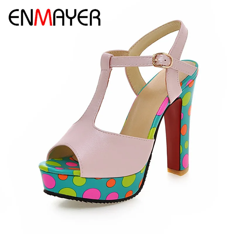 

ENMAYER Fashion Women High Heels Summer Sandals Shoes Women Casual Buckle Soft Leather Pumps Open Toe Pumps Big Size34-43