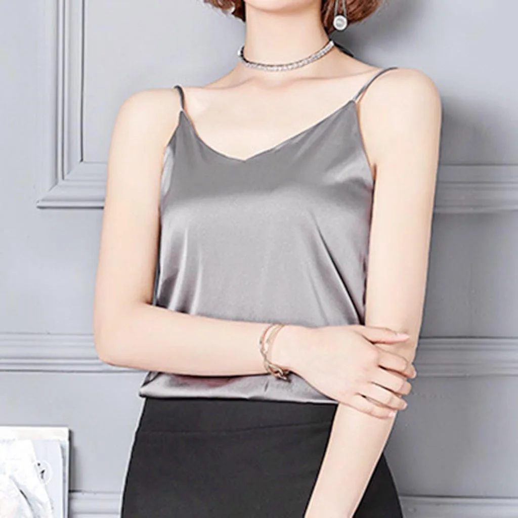 

Womail Women Sexy Silk Ladies Bottom Blouse Shirt Soft Satin Tank Crop Sleeveless V-neck Clothes Top 709#3