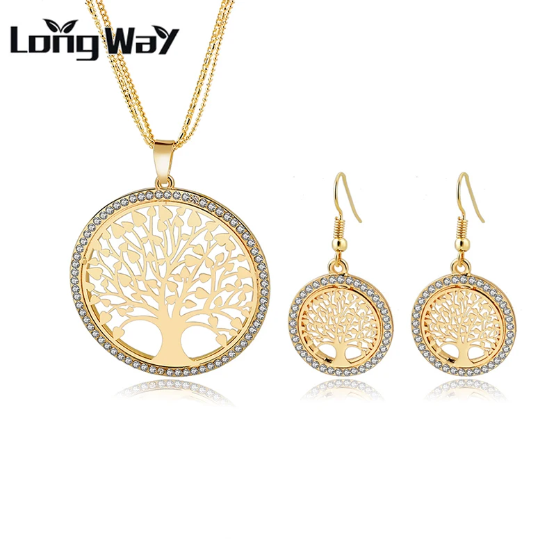 

LongWay Gold Color Tree Of Life Jewelry Sets For Women Girl Necklace Earrings Bridal Wedding Crystal Jewellery Set SET160007