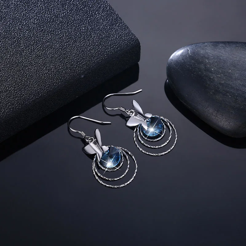 Новые 4 слоя круглый Для женщин серьги синий кристалл от Swarovski серьга с крючком 925 пробы серебро бабочка красивые украшения свадебные